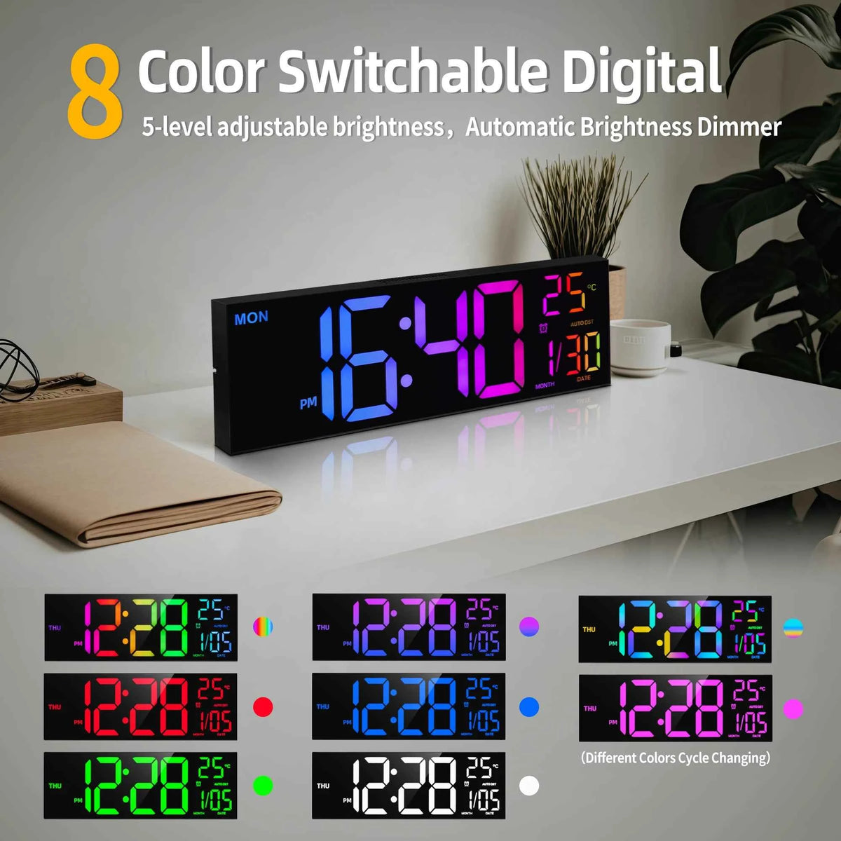 16-inch  Large Digital LED Wall Clock with Remote Control, 8 RGB Adjustable Display Colors, Built-in Alarm, Automatic Daylight Saving Time & Indoor Temperature Display,