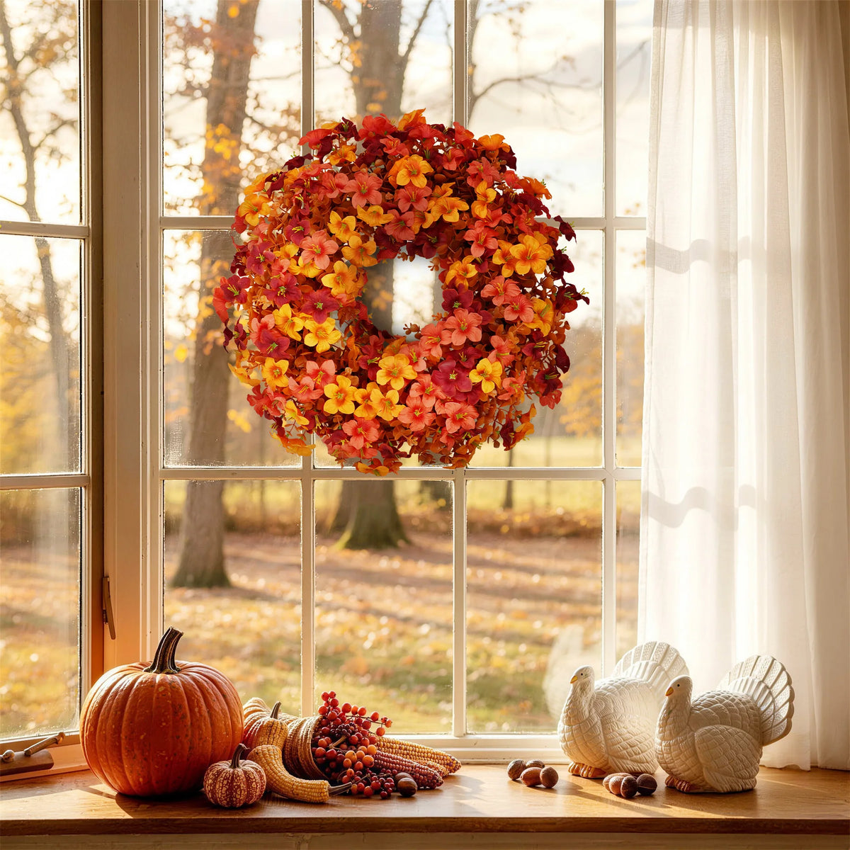 Artificial Fall Wreath 22 Inch Autumn Front Door Wreath with Orange Yellow Floral, Thanksgiving Harvest Wreath for Porch, Wall, Fireplace. or Window