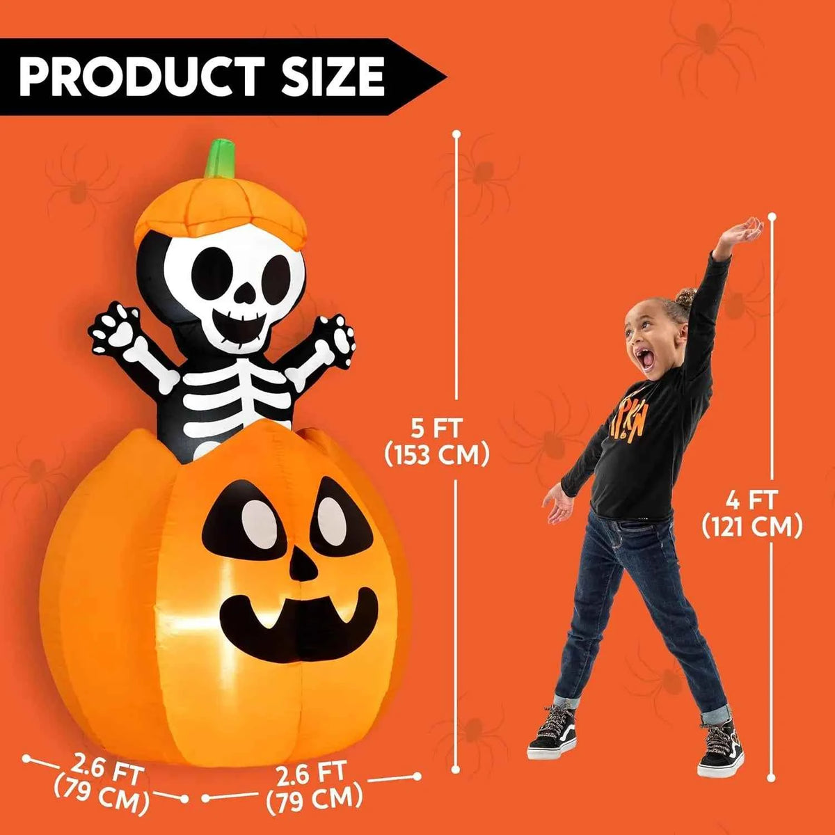5FT Halloween Animated Inflatables Outdoor Decorations, Inflatable Skeleton On Pumpkin with LEDs, Cute Blow Up Pumpkin Skeleton Decor for Outside Yard