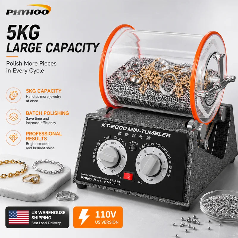 PHYHOO 5KG Jewelry Tumbler Polisher, 110V 5 Speed Rotary Tumbler, 60Min Timer. Jewelry Polishing Machine. US Warehouse Fast Shipping