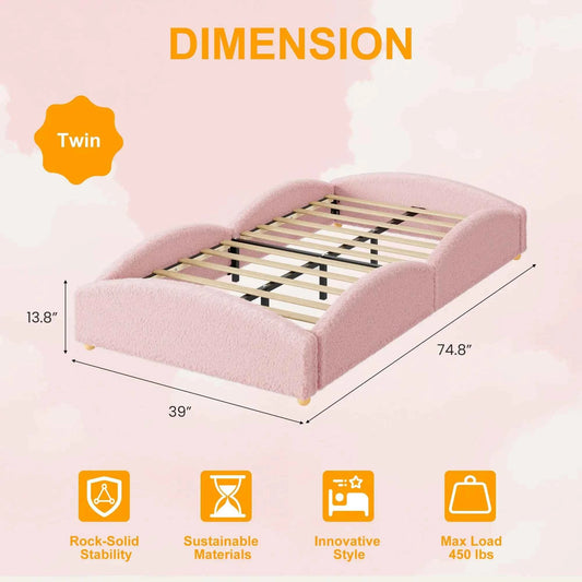 Twin Kids Floor Bed With Raised Sides, Teddy Fabric Upholstered Cloud Daybed, Montessori Platform Bed Frame With Wood Slats, No Box Spring