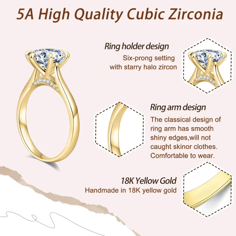 Classic Cubic Zirconia Ring with 18K Yellow Gold Plated Modern Six-Prong Halo Design,1/2/3/4CT for Women. Luxury Elegant Wedding, Anniversary Party. Lady Accessories Fashion Jewelry