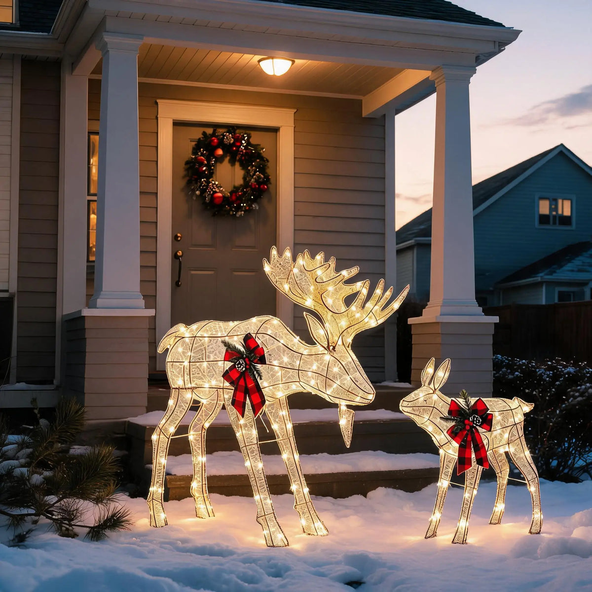 2 Piece Lighted Christmas Reindeer Family. Outdoor Yard Decoration with 240 LED Lights. Gold Glowing Reindeer Lawn Ornament.