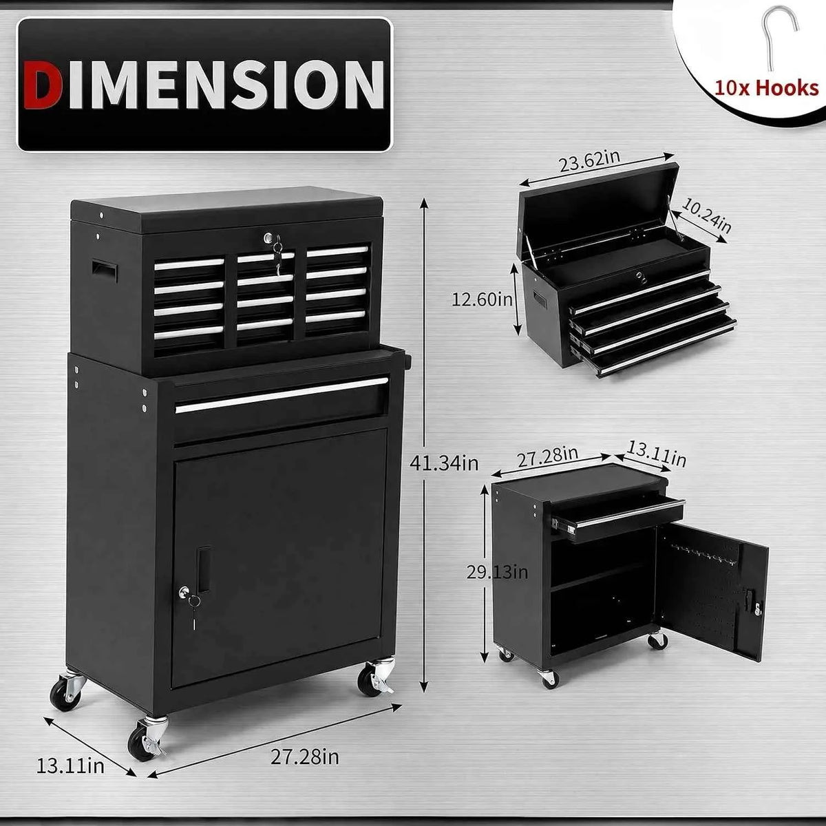 5 Drawer Rolling Tool Cabinet with Lockable Detachable Tool Box, Steel Tool Storage Organizer with Swivel Wheels,