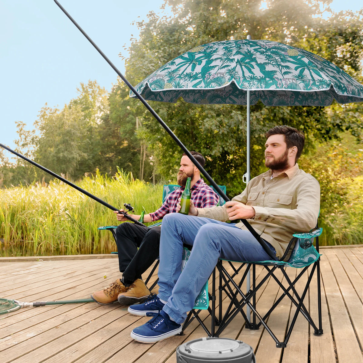Portable Outdoor 2-Seat Folding Chair with Removable Sun Umbrella, Pineapple