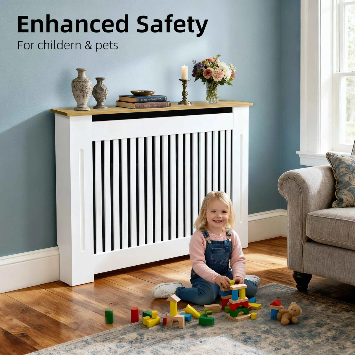Modern Radiator Cover.  Decorative Heater Protector. Wall Vertical Slat Grill Shelf with MDF Wood Top