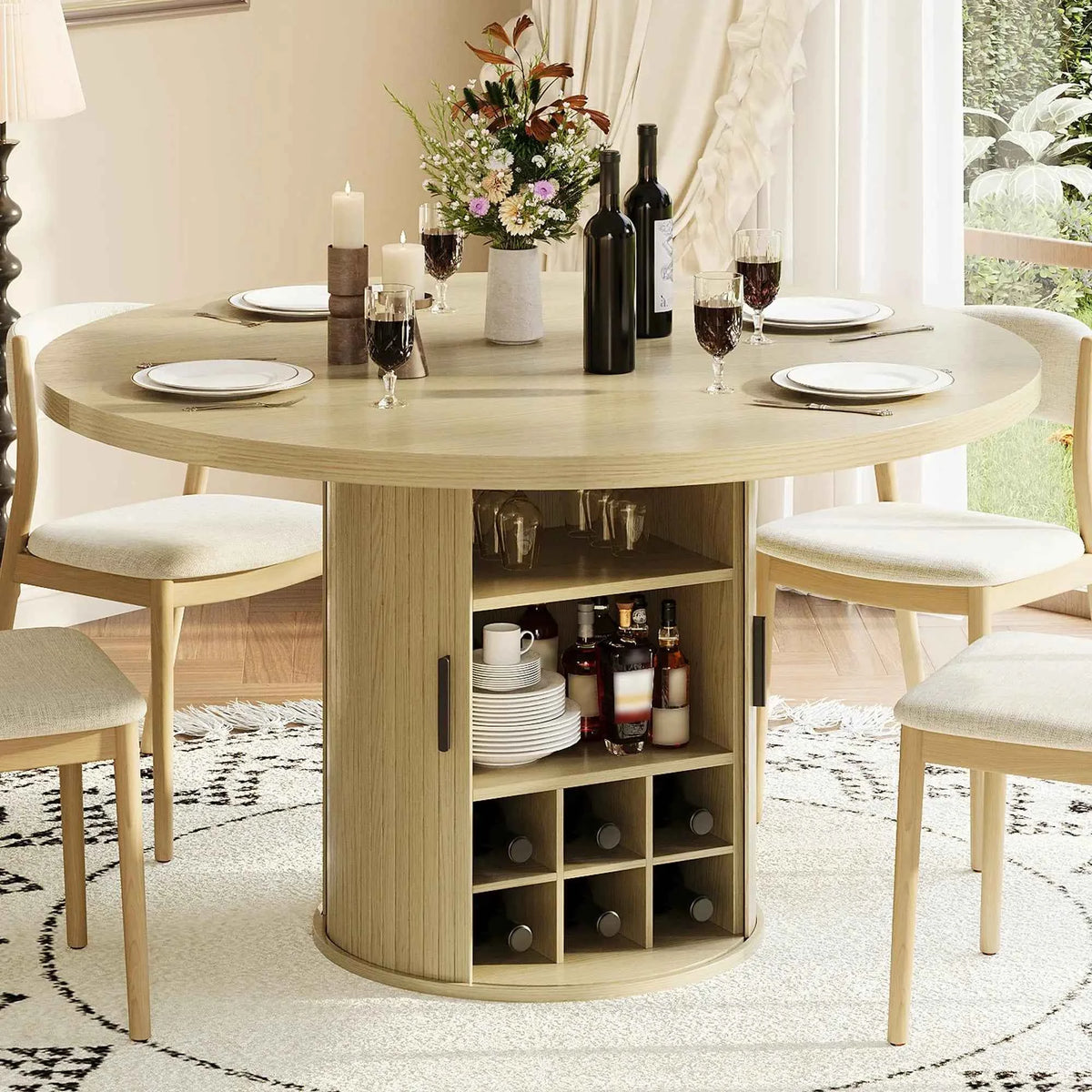 47 Inch Round Dining Table For 4-6 With Hidden Storage, 6 Bottle Wine Rack & Glass Holder, Kitchen Table For Home Dining