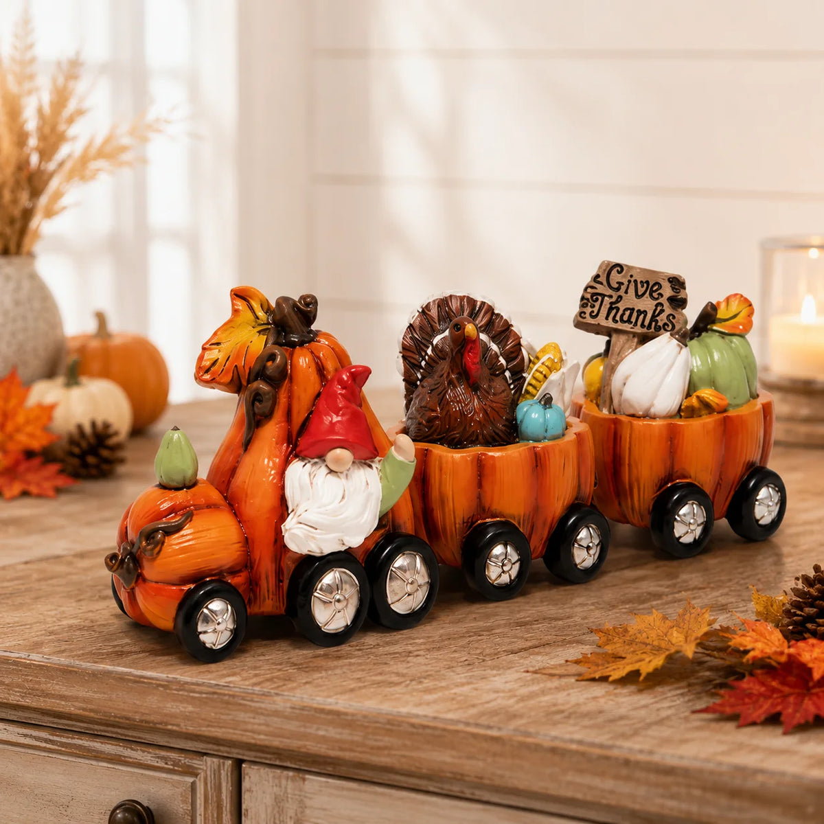 Hodao Resin Thanksgiving Pumpkin Train Figure, 3-Car Fall Harvest Decoration with Gnome, Turkey, Corn, Pumpkins & Give Thanks Sign, 7.8" Long Autumn Farmhouse Tabletop Centerpiece, Seasonal Shelf Mantel Decoration