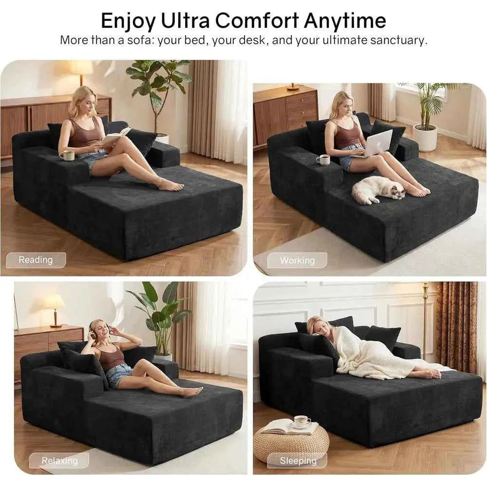 Oversized 66\" Chaise Lounge Chair. Chenille Cloud Reading Chair with 3 Pillows for Living Room or Bedroom