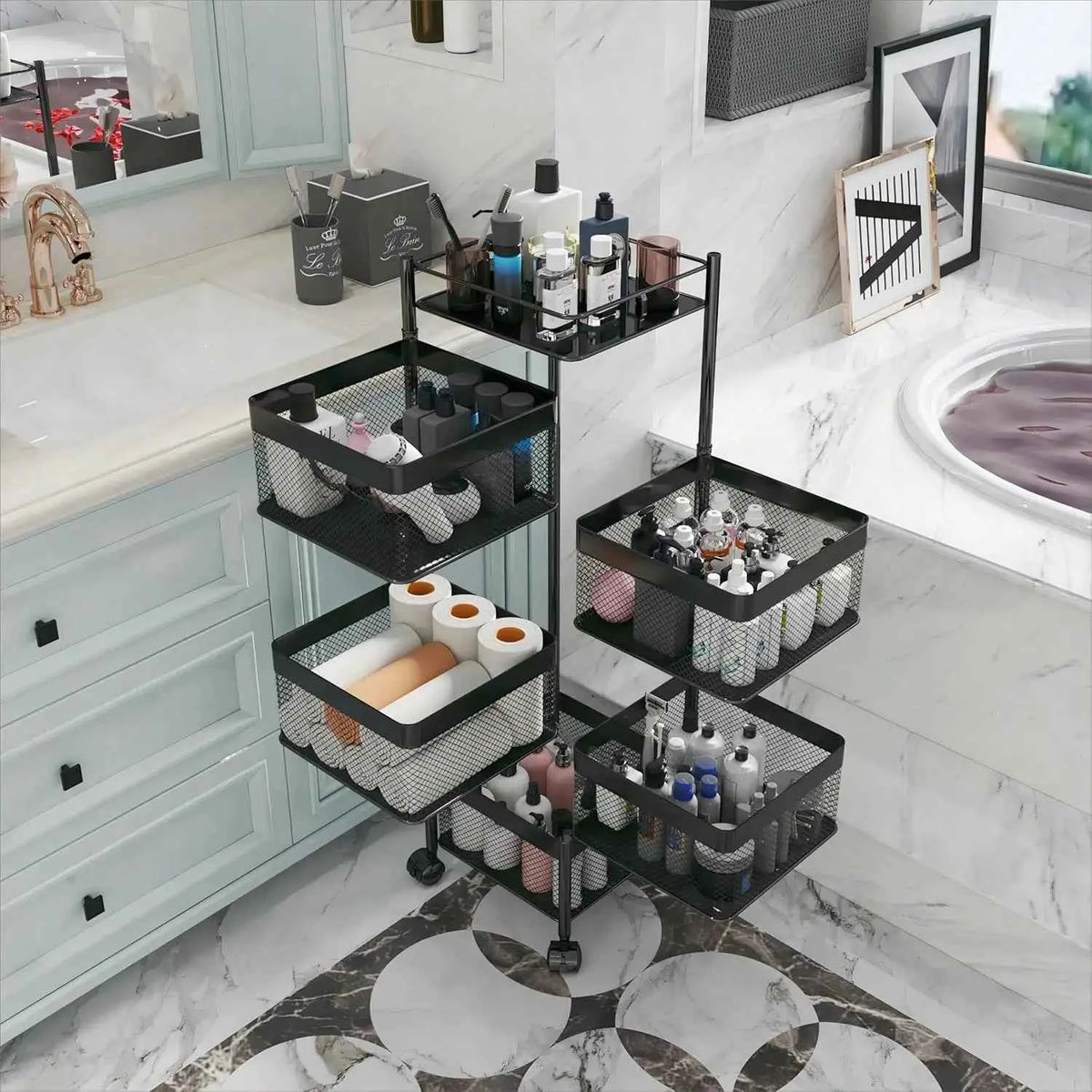 5-Tier Rolling Storage Cart with Wheels, Rotating Utility Shelf Rack, No Assembly Required, Square Black Organizer