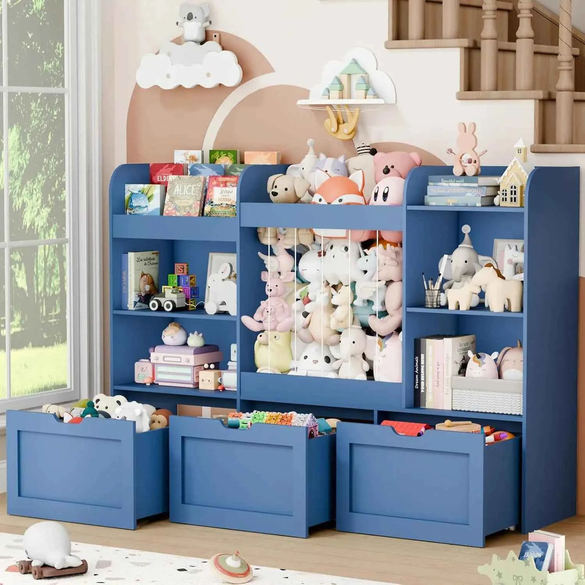 61" W Toy Organizer with Stuffed Animal Storage ＆ 3 Tier Bookshelf