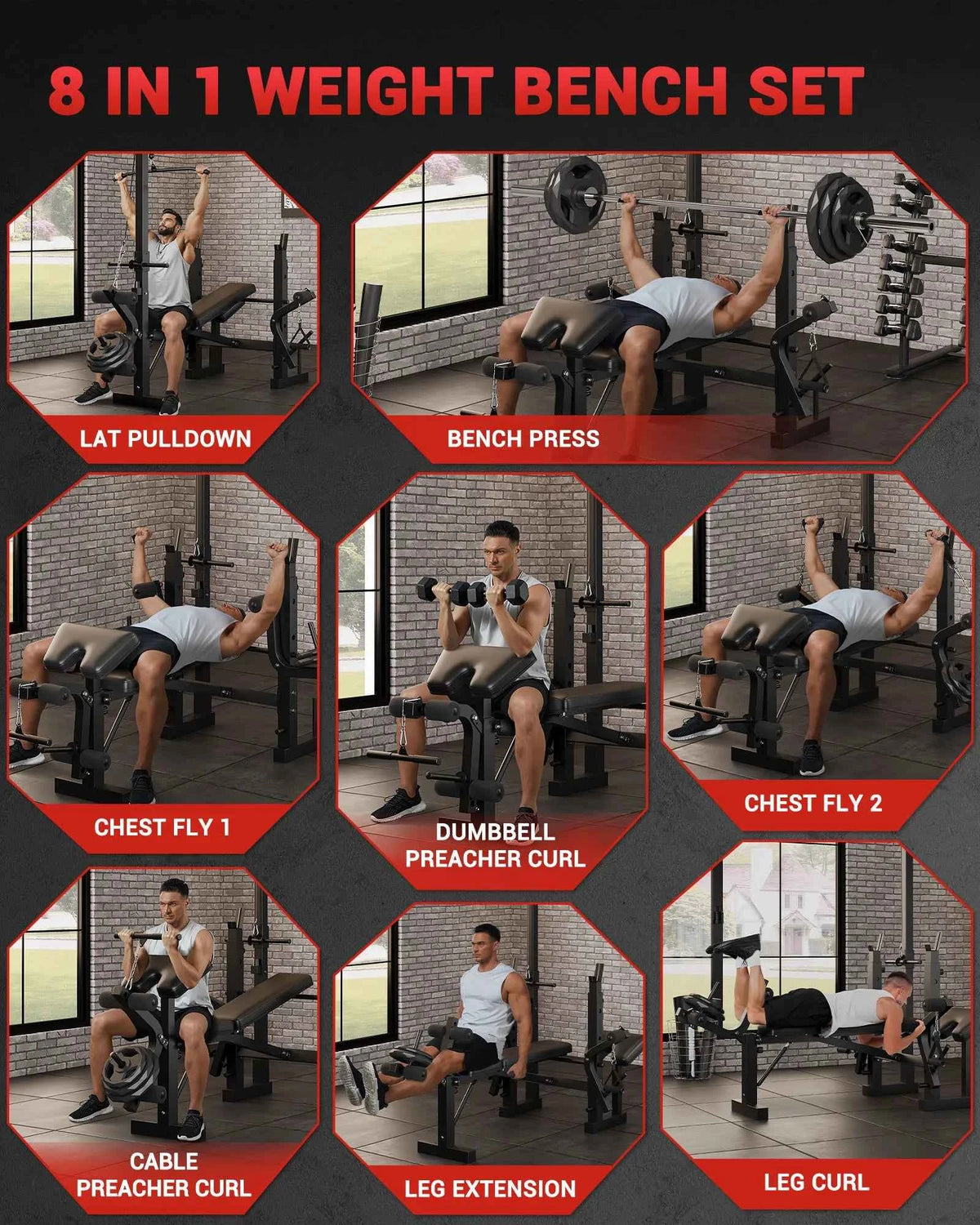 Adjustable 4-in-1 Weight Bench Set with Leg Developer, Barbell Rack, Butterfly Arm Preacher, Foldable