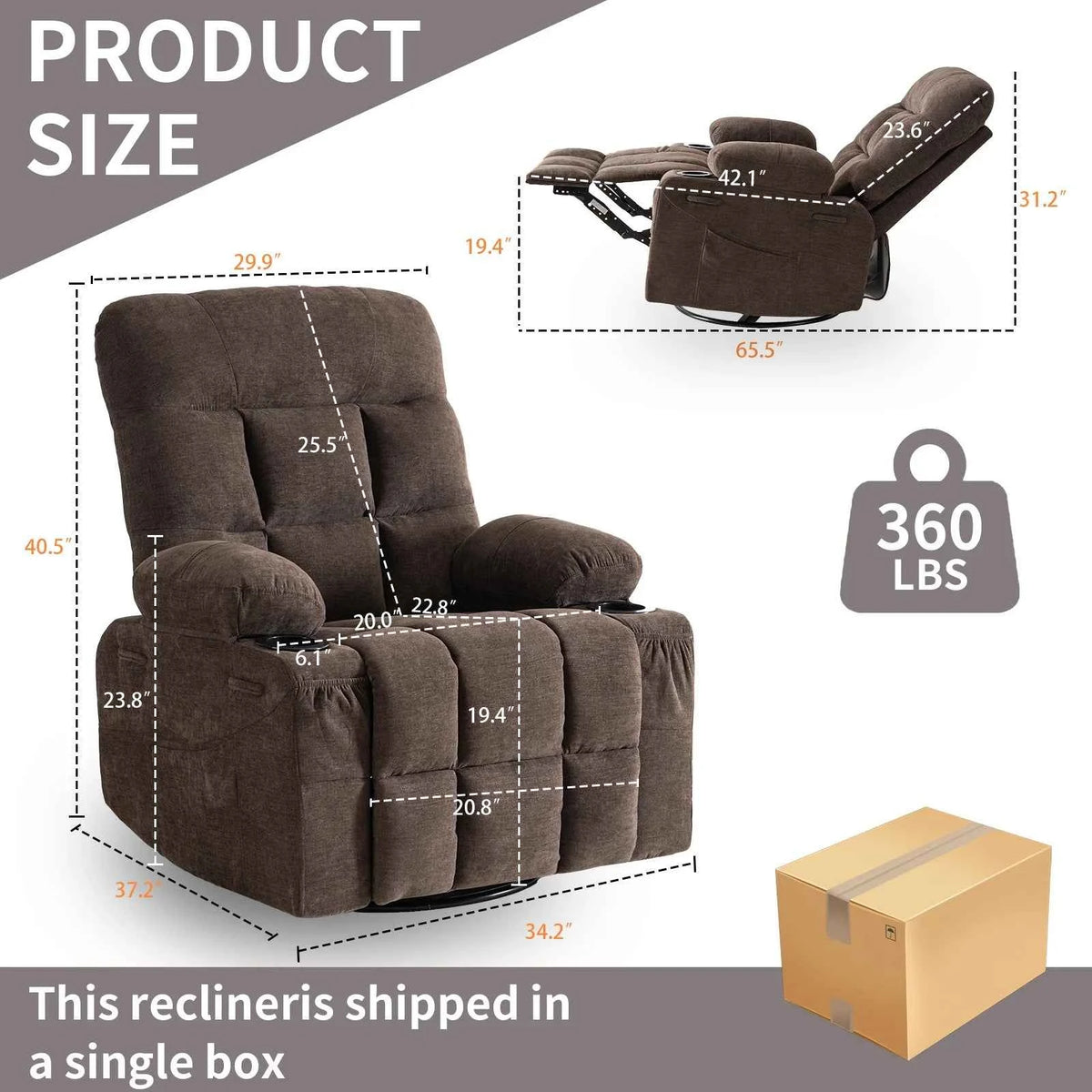 360° Swivel Rocker Recliner Chair with Cup Holders & Side Pockets,