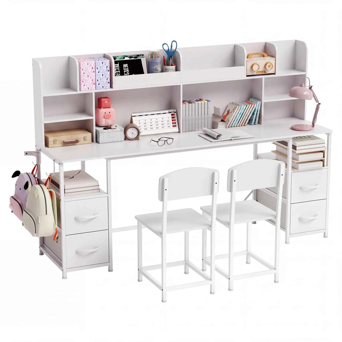 69 inch Double Kids Desk & Chair Set With Hutch, 4 Drawers, Shelves & Hooks, 2-Person Study Table Ages 6-12 Bedroom Playroom