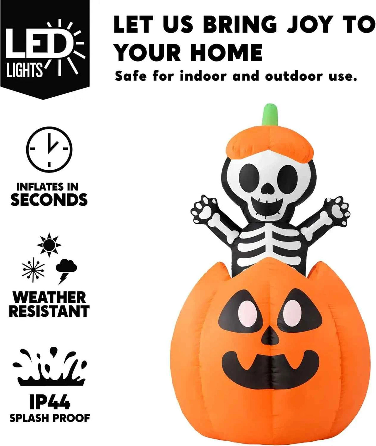 5FT Halloween Animated Inflatables Outdoor Decorations, Inflatable Skeleton On Pumpkin with LEDs, Cute Blow Up Pumpkin Skeleton Decor for Outside Yard