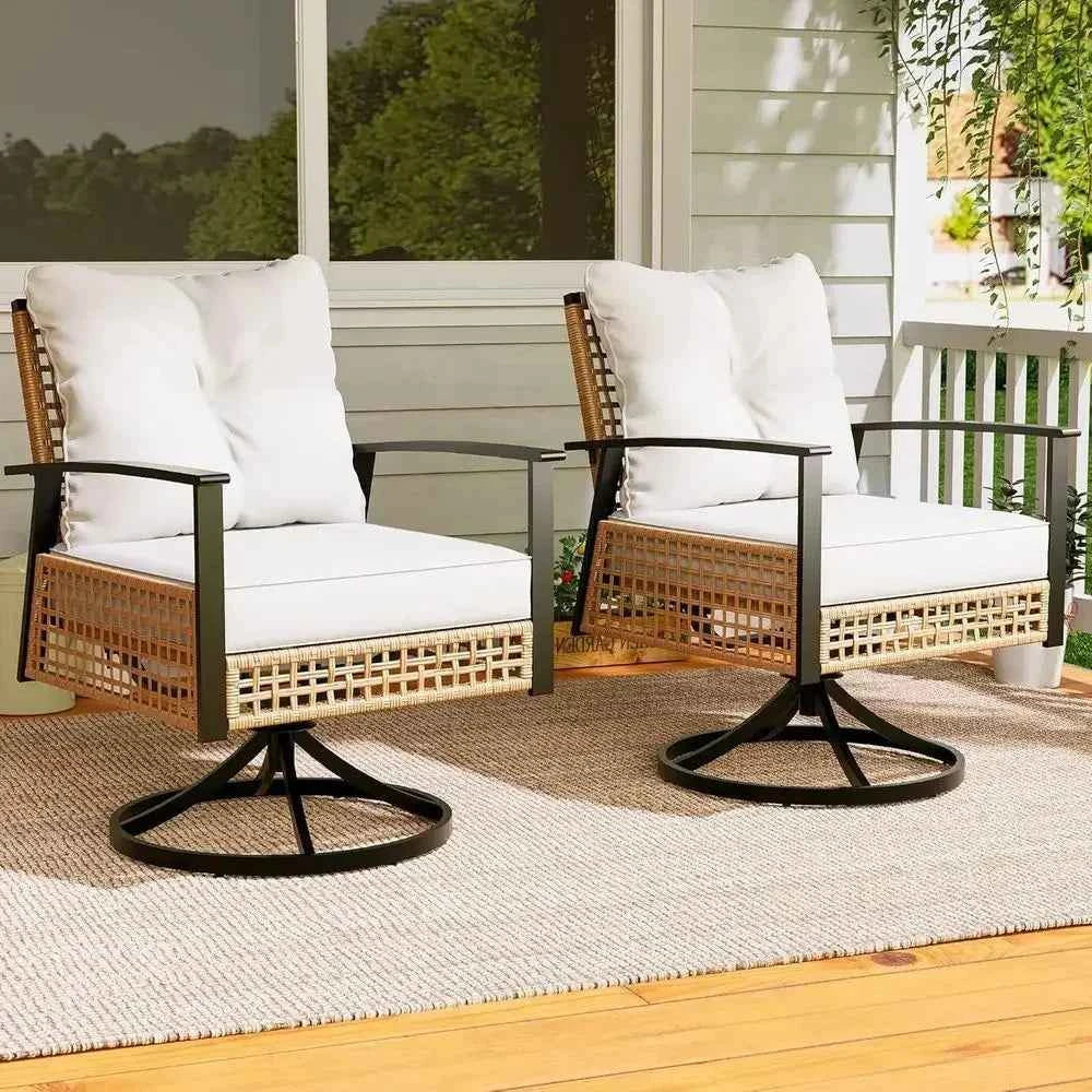 2-Piece Outdoor Swivel Rocking Wicker Patio Set with Cushions for Backyard (Beige)