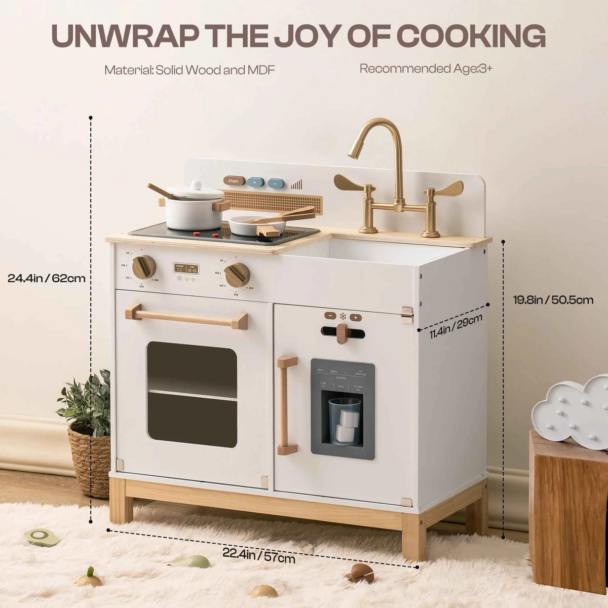 ROBUD Wooden Kids Kitchen Playset with Sound, Light, Stove, Oven Pot, and Utensils. Educational Role Play Toy Gift for 3-6 Years, White