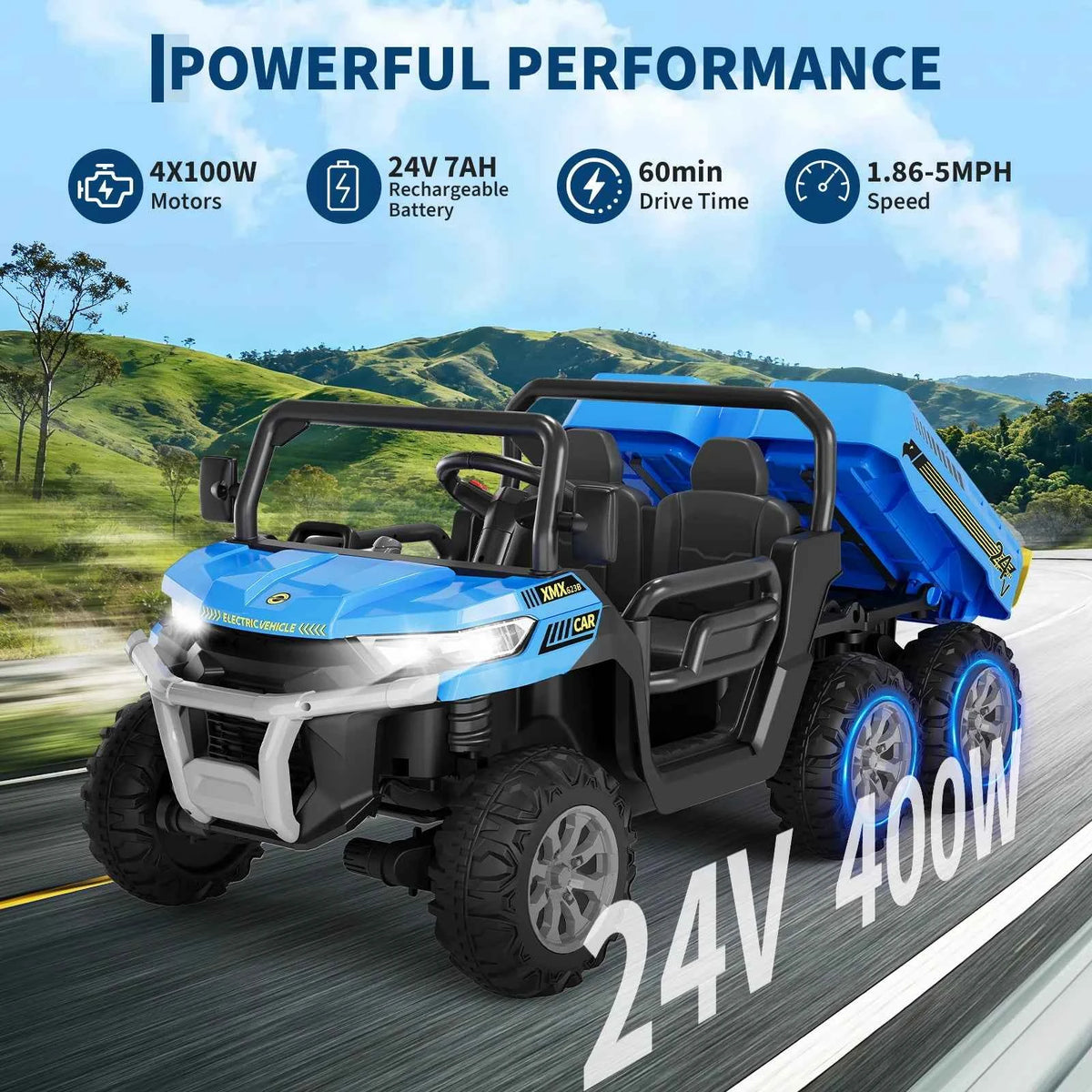 24V Kids Electric Ride Dump Truck, a 2 Seater 4WD with 6 Wheels. Parent Remote Control with 3 speeds. With Dump Bed, Bluetooth for Music, LED Lights, 2 Speeds