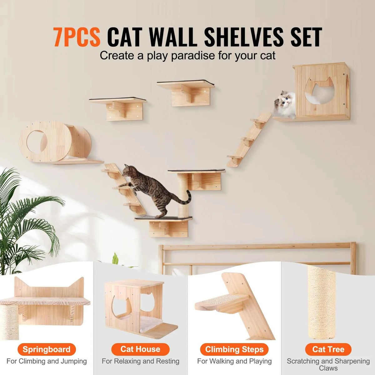 SucceBuy Wall Mounted Cat Shelves  and Perches with Jumping Boards, Hammocks & Cat Tree, Cat Furniture and Shelves