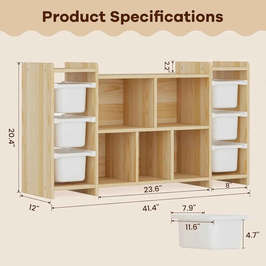 Montessori Kids Bookshelf and Toy Storage Organizer with 8 Shelves and 6 Removable Bins, 100% Solid Pine Wood. Toy Organizers and Storage for Kids Rooms, Playroom, Nursery