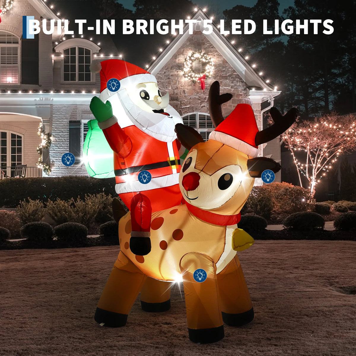 7FT Giant Inflatable Santa Claus with Reindeer Outdoor Christmas Decoration. Built In LED Lights. Weatherproof Polyester for Winter Festival Yard, Display Props