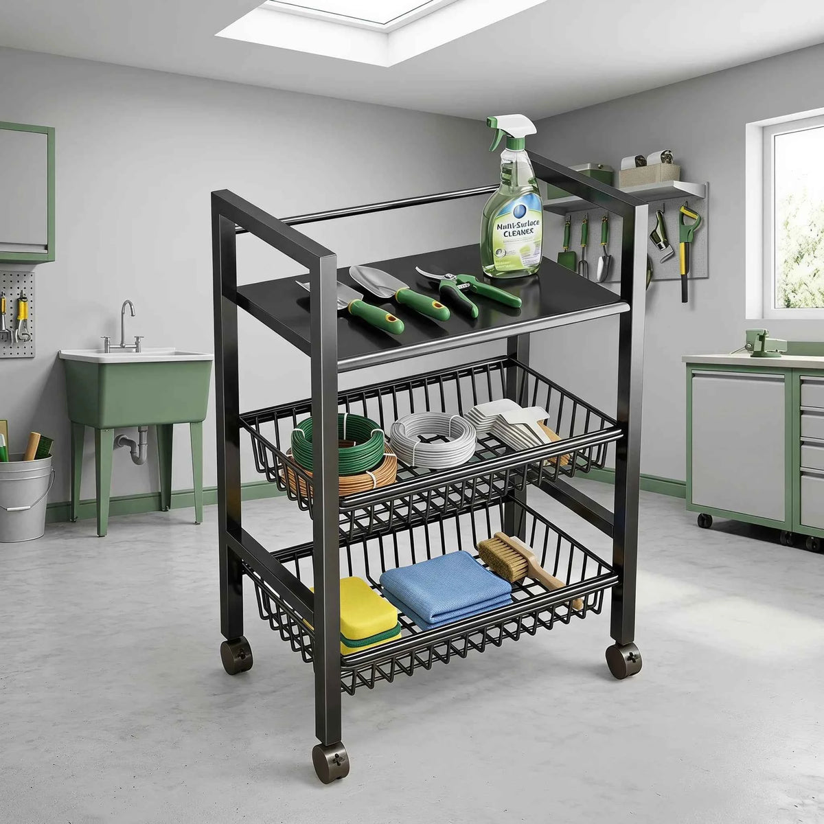 3-Tier Rolling Storage Cart with 2 Pull Out Mesh Baskets Carbon Steel Heavy Duty Utility Shelf. Easy Movement Fits Narrow Gaps