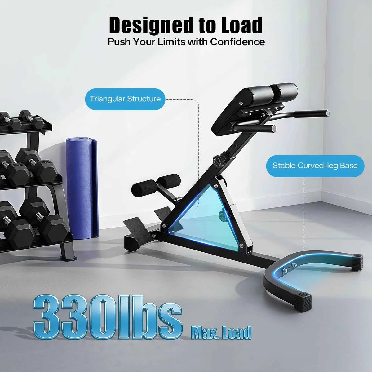 Roman Chair Back Extension Machine, 330LBS. Abdominal Exercise Equipment, Multi-Functional Hyperextension Back Strength Exercise Bench, w/Rubber Foot Covers, suitable for Home, Gym, and Hotels
