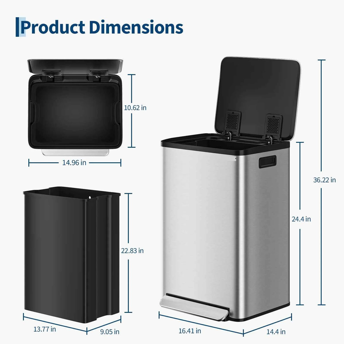 13 gal Stainless Steel Kitchen Trash Can with Soft Close Lid, 50 L Metal Garbage Can with Removable Inner Bucket, Hands Free Recycle Waste Bin