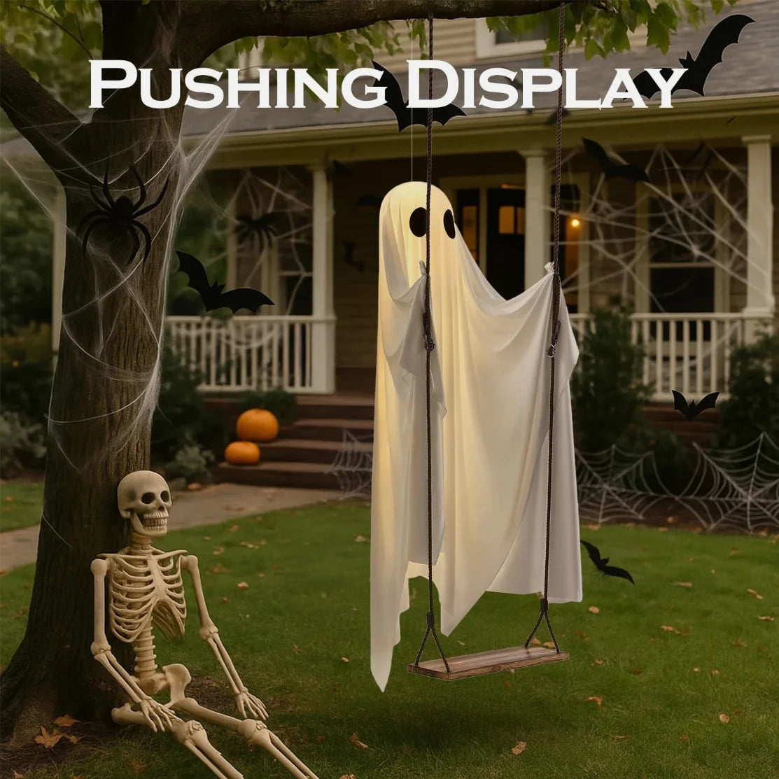 Large Outdoor Hanging Swing Ghost. Halloween Decoration Light-Up Spooky Decor for Yard Party.