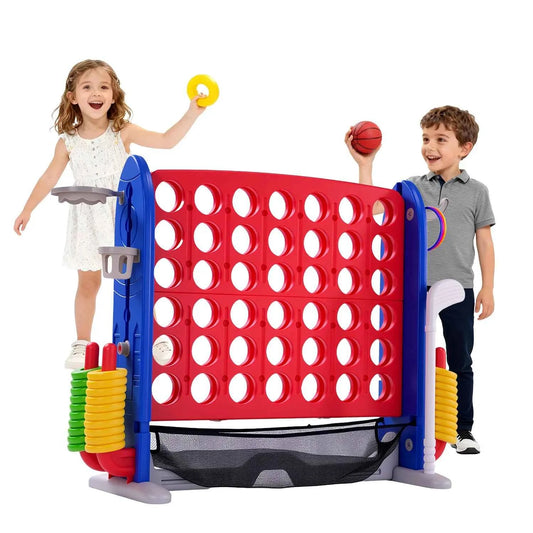 4-in-1 Giant Connect Game Set, Adjustable Height, Basketball Hoop, Ring Toss and Net Jumbo Outdoor Yard Game for Families Events