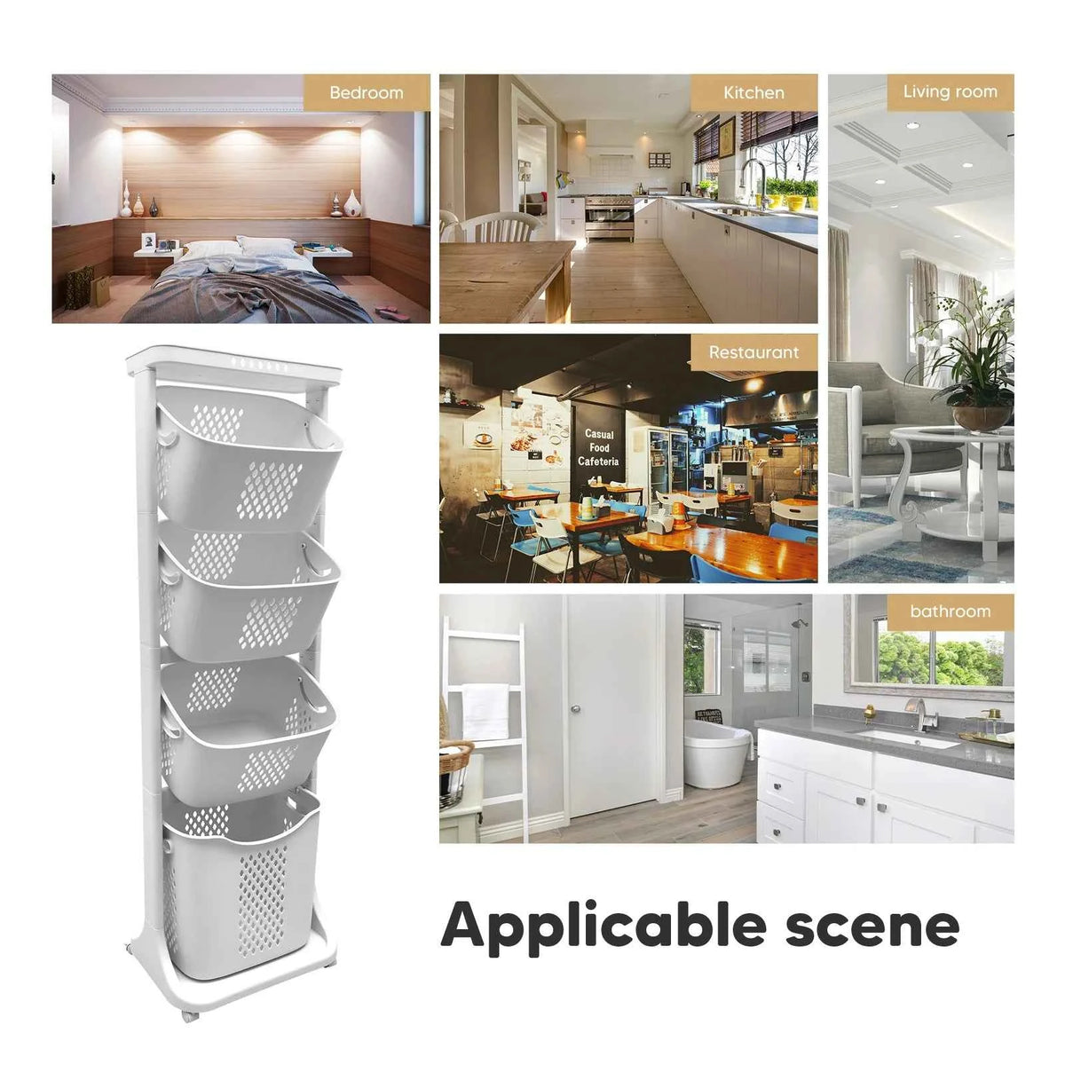 2/4 Tier Laundry Basket Cart. Removable Storage Buckets. Plastic Hamper with 4 Wheels. White