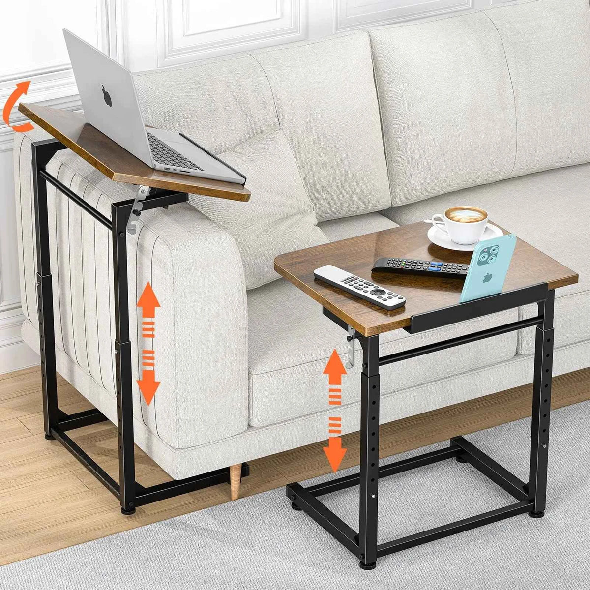 Extra Large Heavy Duty TV Tray Table, 23.6" Folding C-Shaped. Laptop Desk.  Height & Tilt Adjustable. End Table with Phone/Tablet Slot, Easy Clean. Walnut Finish