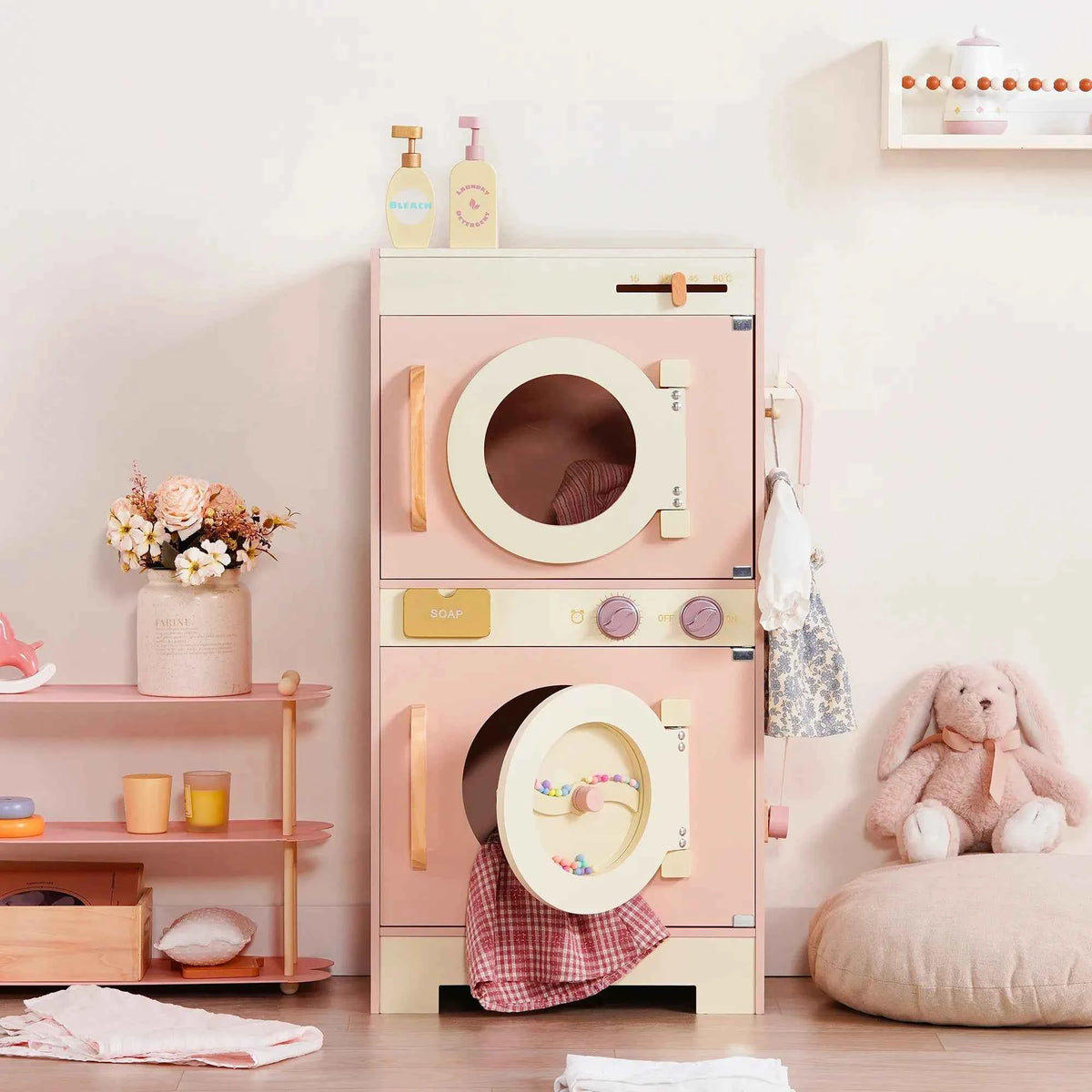 Robud Kids Wooden Pink Play Kitchen. All in 1 Corner Set Includes Oven, Refrigerator. Washer. Perfect Birthday Gift for Little Chefs.