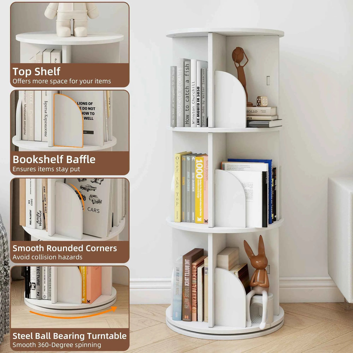 Rotating 3-Tier Bookshelf, 360° Spinning Corner Bookcase with Lazy Susan, White.  Space Saving Organizer. Adults & Kids, 15.75" Diameter