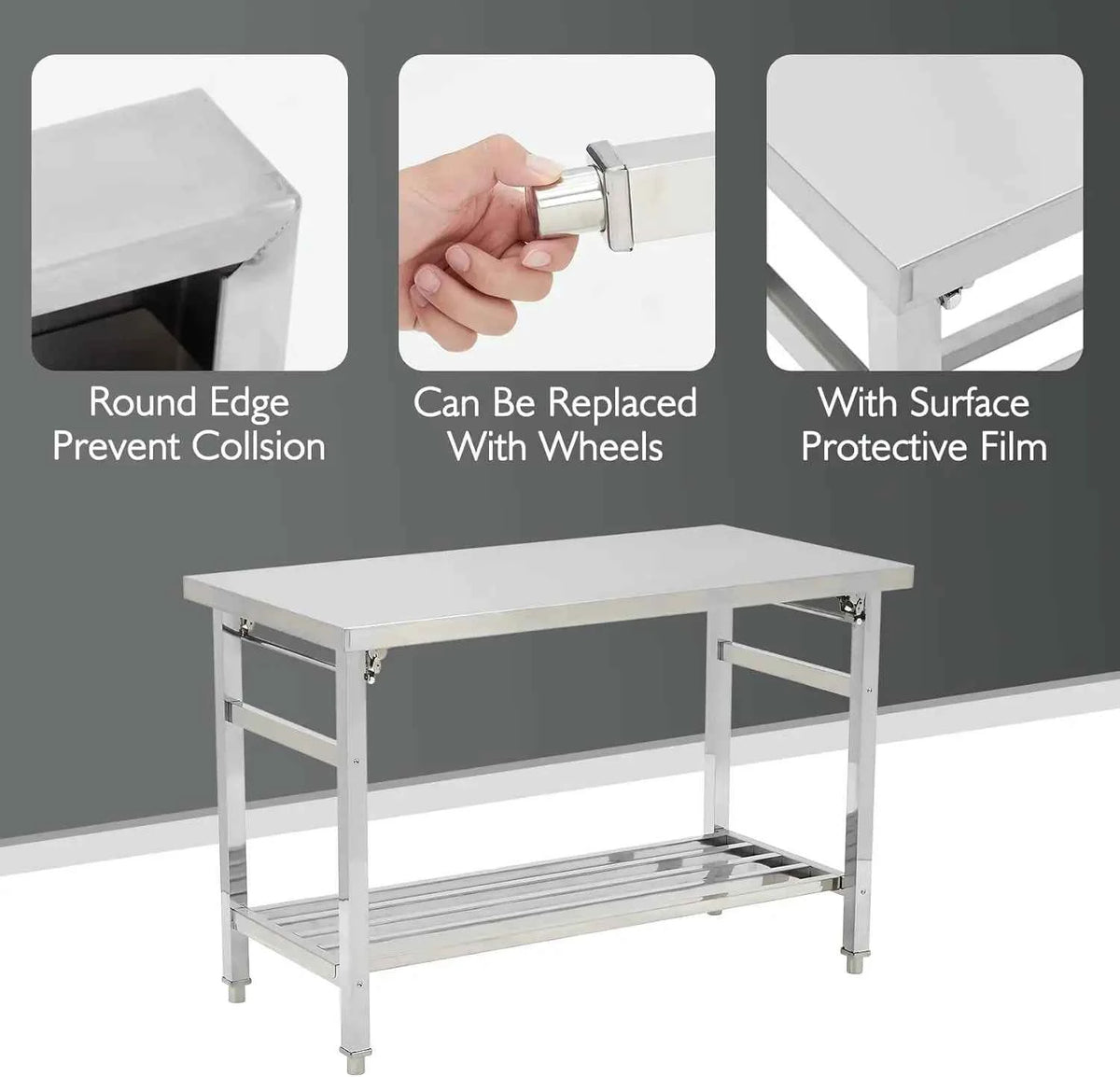 60"×24" Foldable Stainless Steel Prep Table, NSF Heavy-Duty Workbench with Adjustable Undershelf, Kitchen, Outdoor, Commercial Cooking Work Table