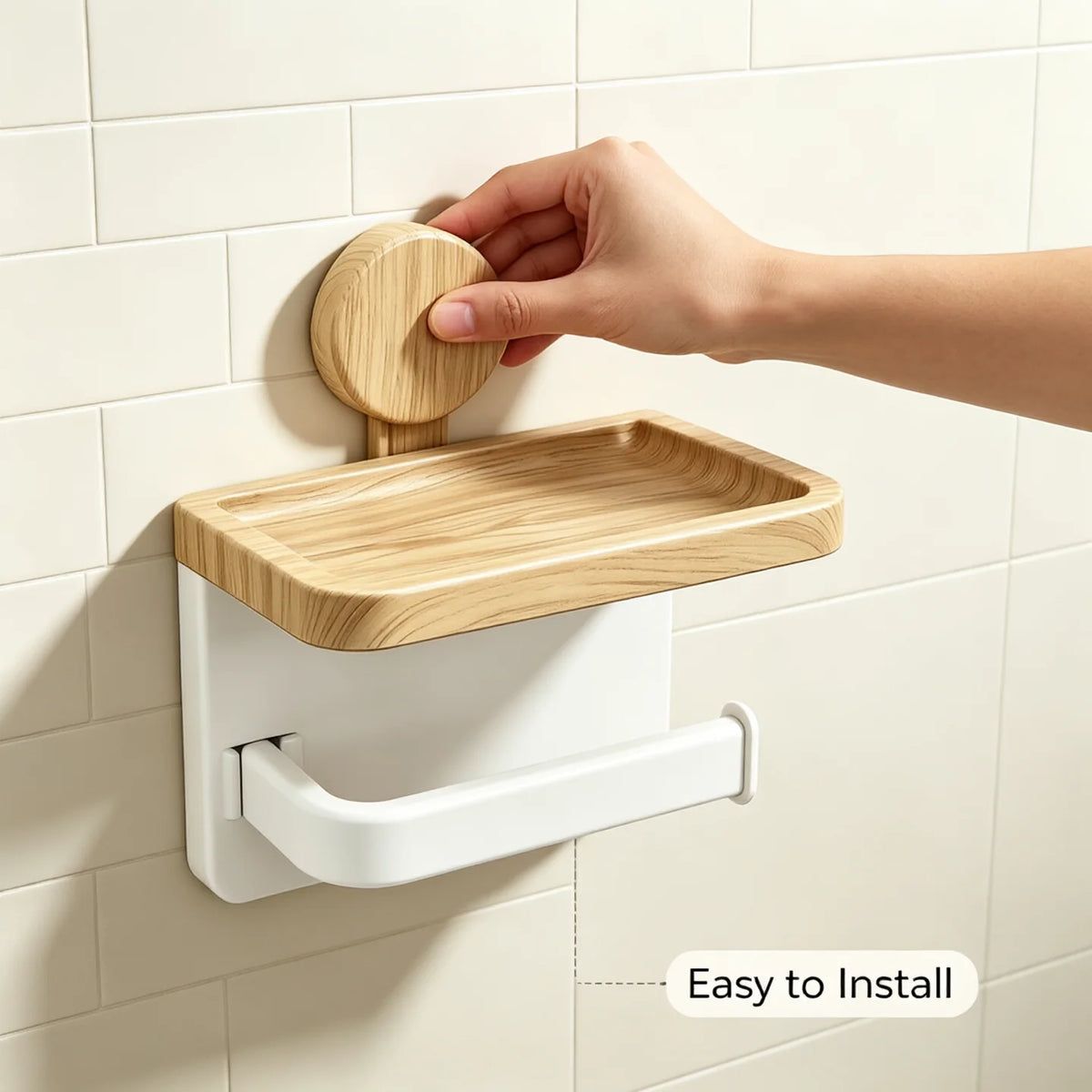 No Drill Wall Suction Cup Toilet Paper Holder Wood‑Look Tray Bathroom Tissue Holder with Phone Shelf