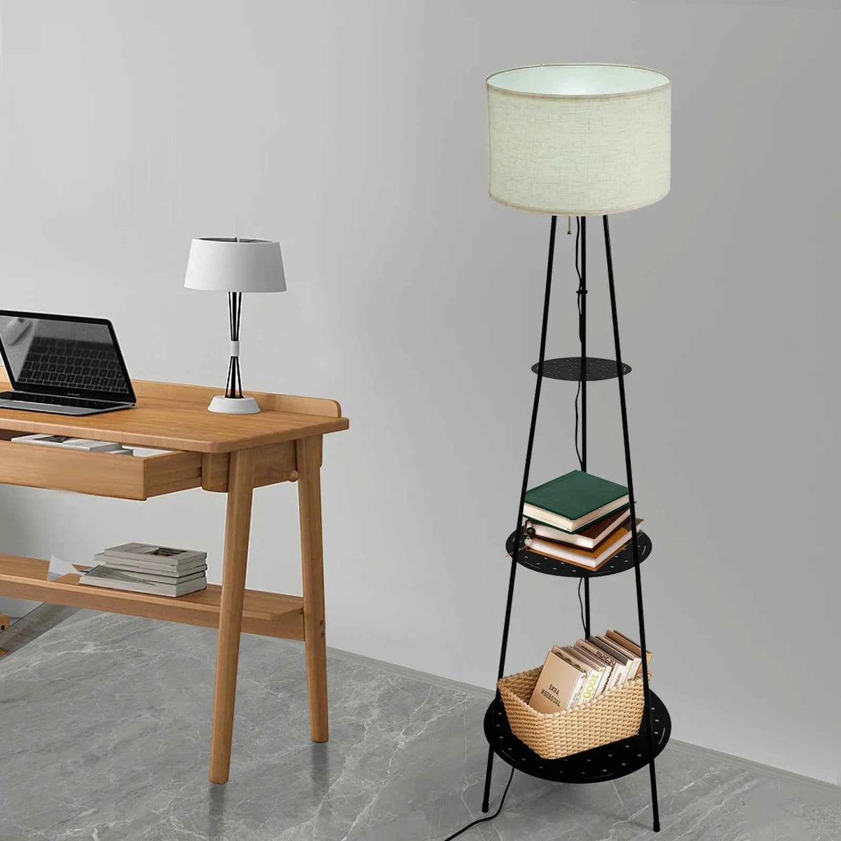 Floor Lamp with 3-Tier Storage Shelves with 3-Color Dimmable E26 Bulb, 120° Wide Illumination 11 lbs per Shelf , Black/Beige