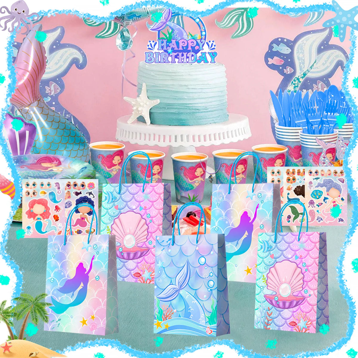 84 Pcs Mermaid Party Favors for Boys and Girls - Mermaid Birthday Rings, Keychain, Slap Bracelets, Bags, Hair Clips, Necklace Etc. Mermaid Birthday Party Favors for Mermaid Birthday Decorations Supplies
