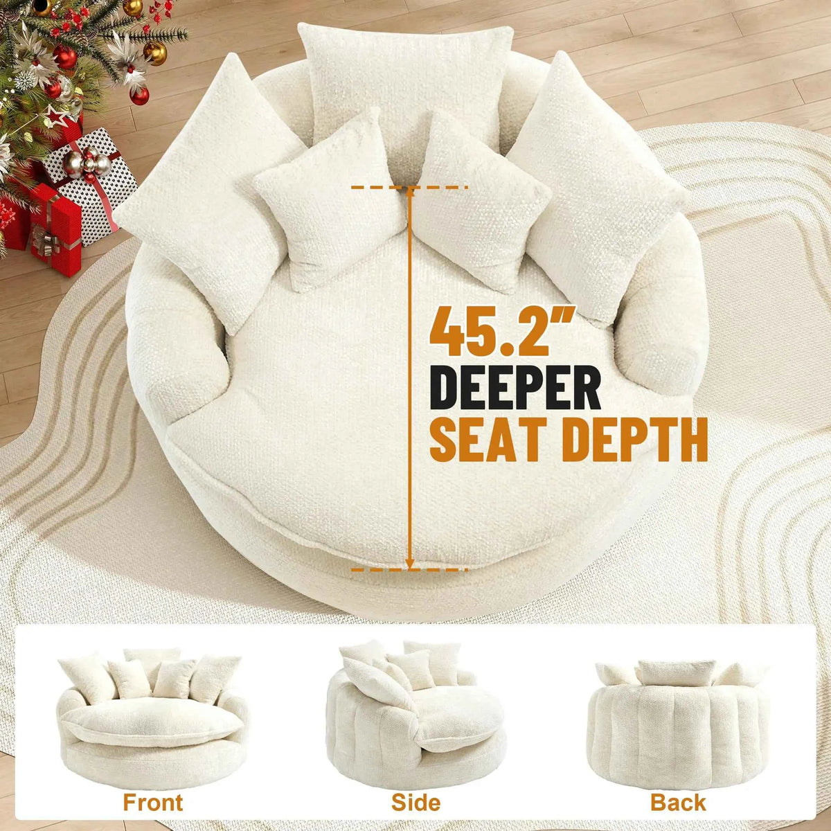 54.3" Round Chaise Lounge Chair, Modern Upholstered Boneless Couch with 5 Throw Pillows and Deep Seat