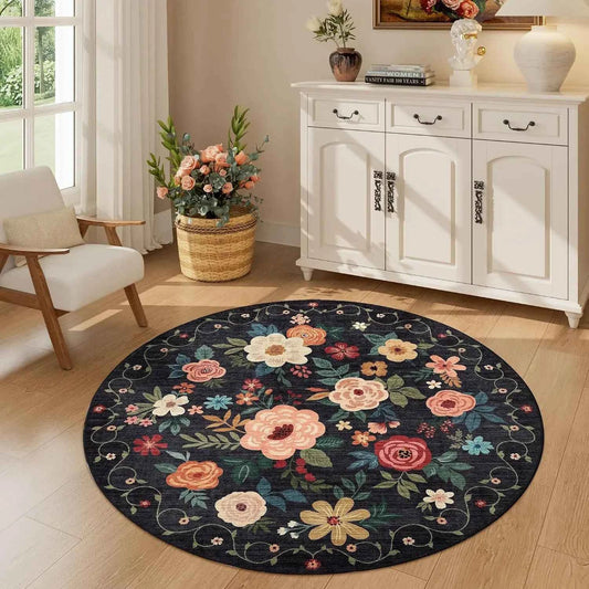 Round Floral Area Rug, Washable, Non Slip, Black, Small, & Round Carpet. For Living Room Bedroom Kitchen Entryway Home Decor