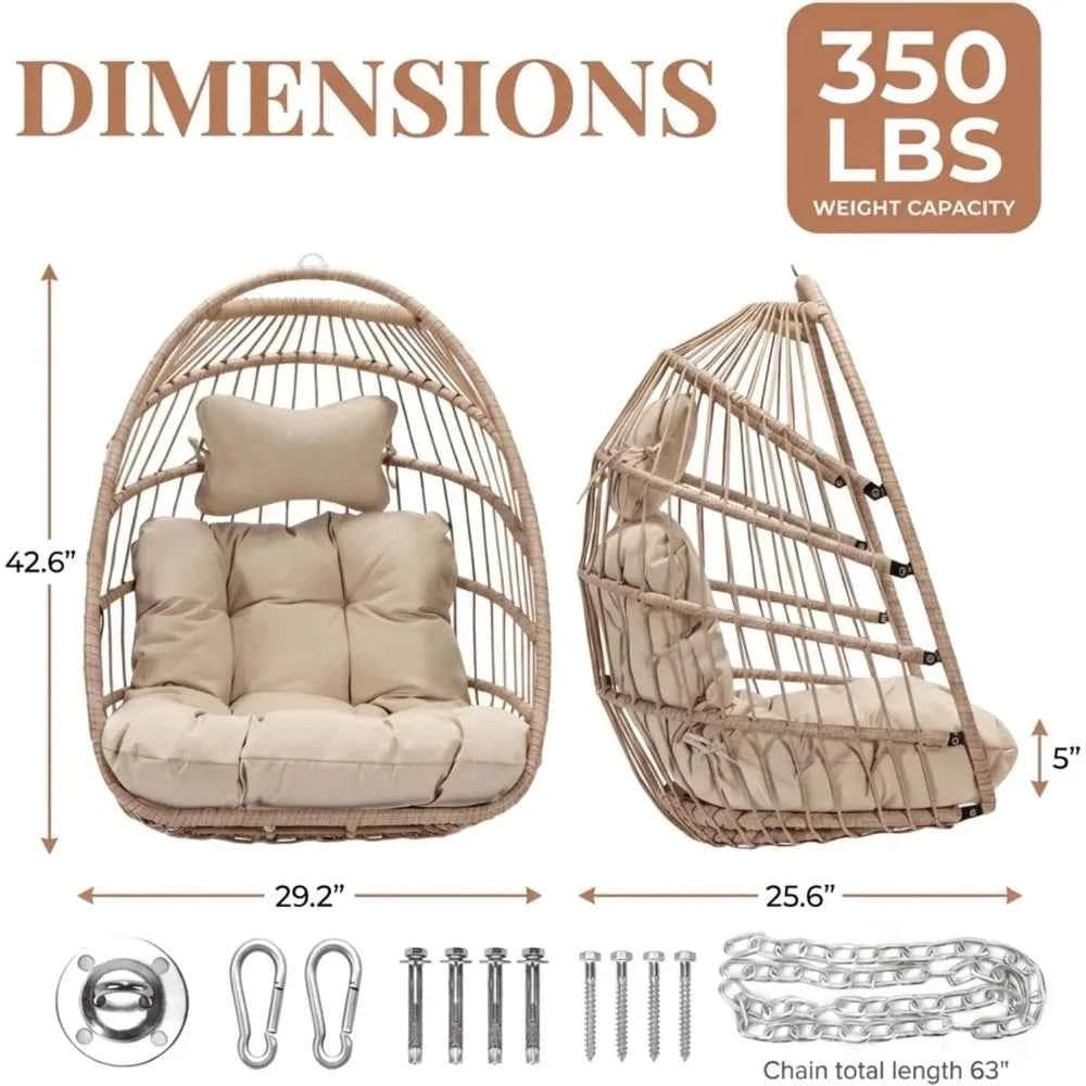 Patio Wicker Swing Egg Chair with Padded Cushion, 350 Lbs Capacity for Indoor or Outdoor Balcony Use
