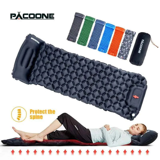 PACOONE Outdoor Sleeping Pad, Camping Inflatable Mattress,  Built-in Pump. Ultralight Air Cushion Travel Mat With Headrest For Travel