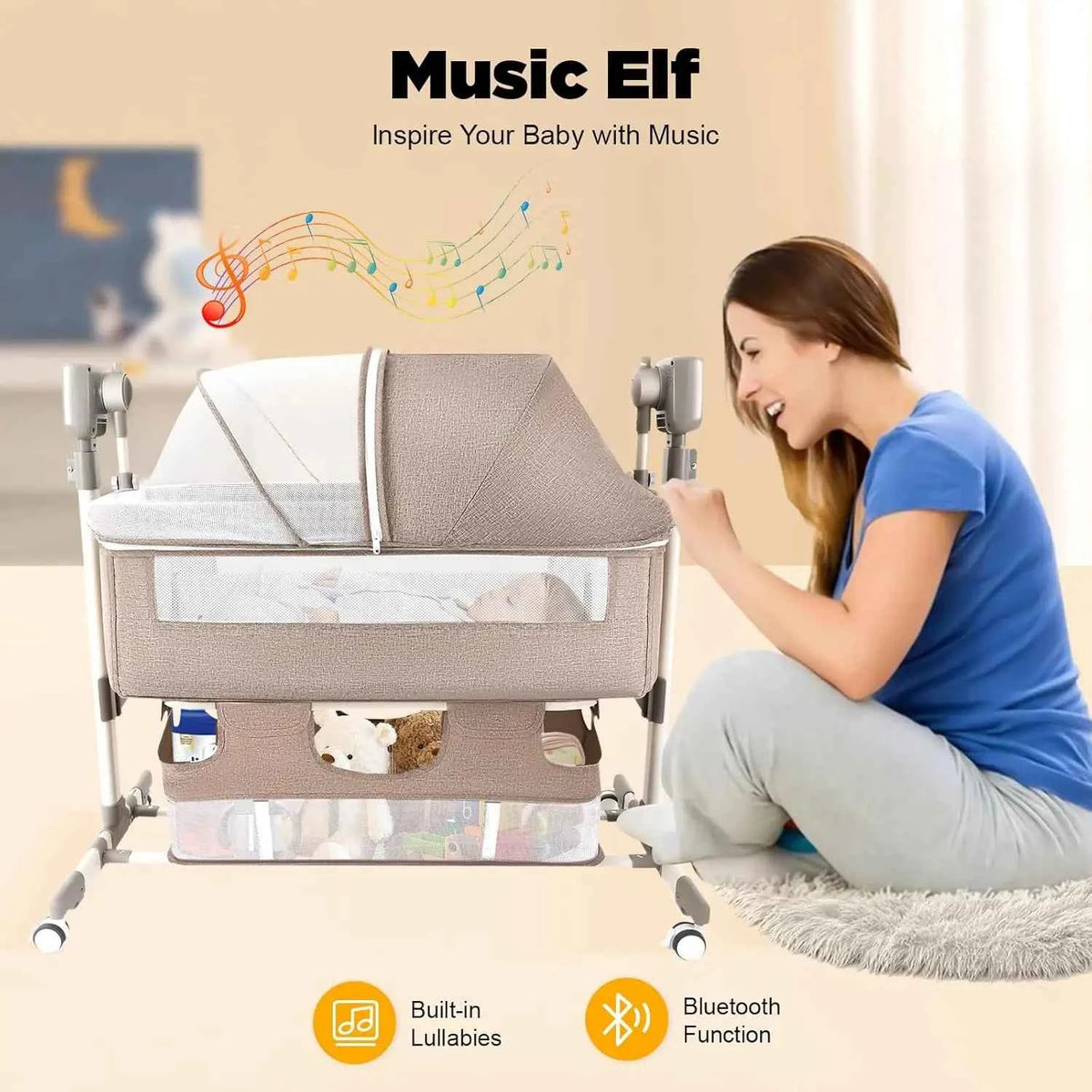 Smart Electric Baby Bassinet,  Bedside Sleeper with Music Play, Automatic Cradle with 3 Speed Timing and 5 Speed Wobbling, Portable Baby Bed Height Adjustable Crib, with Nets + Mattresses