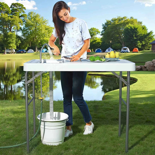 42.5"  Table with Sink, Folding Camping  Cleaning Station with Measure, Mark & Hose Hookup, Outdoor Fillet Table for Picnic, Beach, Patio, White