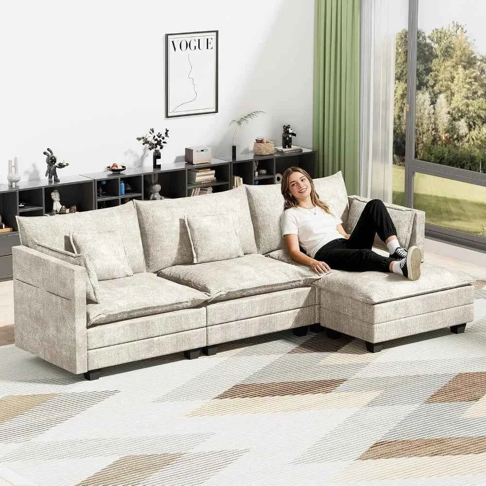 112.5" L-Shape Modular Sofa with Ottoman, Deep Seat Sleeper, 3 Throw & 2 Arm Pillows, Upholstered Furniture , Custom