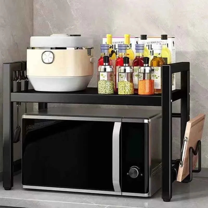 Height Adjustable Microwave Stand, Heavy Duty 2-Tier Kitchen Storage Rack with Hooks, Space Saving Countertop Organizer .