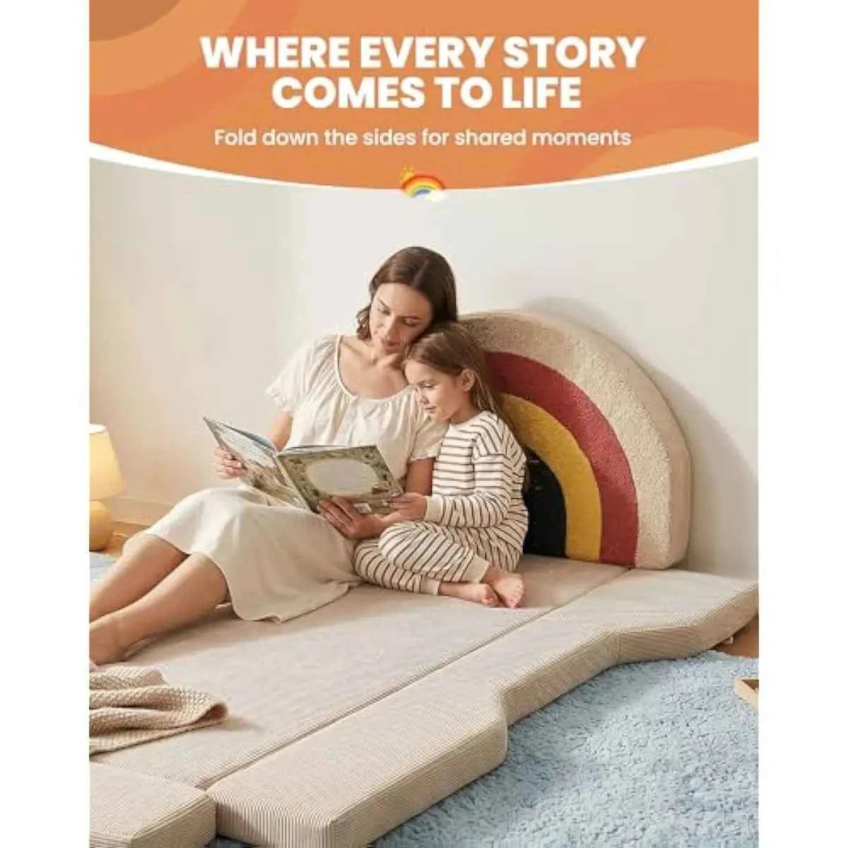 Soft Foam Toddler Floor Bed with Rainbow Headboard and Fold-Down Sides – No Assembly Required – Includes Integrated Mattress – B