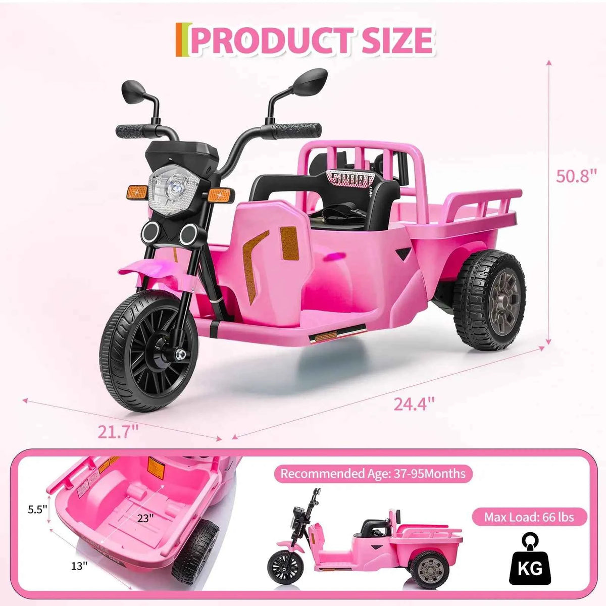 12V Kids Electric Tricycle With Trailer, 110W Ride On Motorcycle Tractor, Sand Shovel, Bluetooth Music, LED Headlight, 3 Speeds