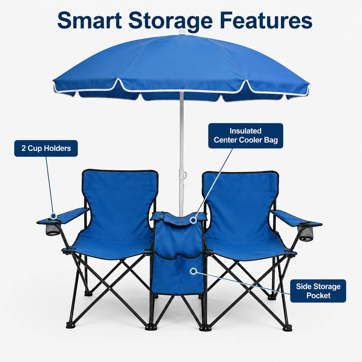2 Person Folding Camping Chair Set with Umbrella, Cup Holders, Built in Cooler. Portable Outdoor Double Chair set