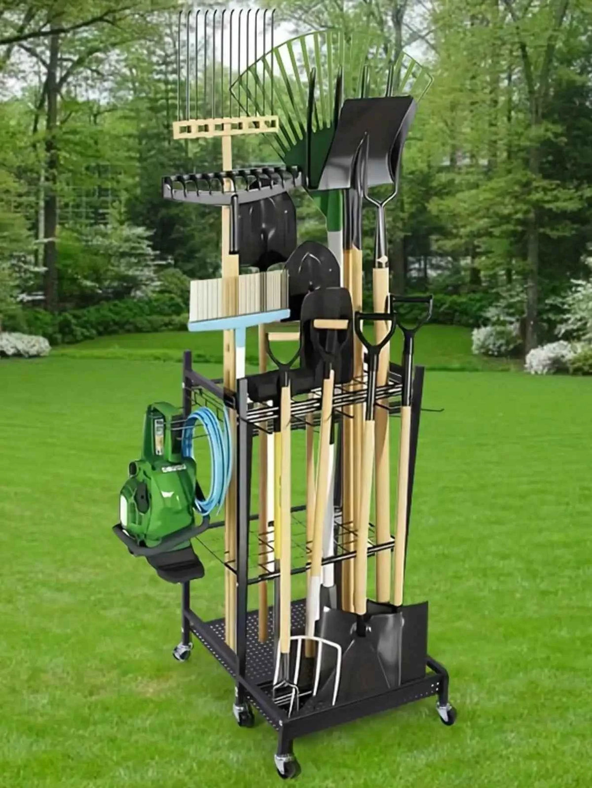 AXOSY-Portability Tool Organizer With Wheels,  Metal Yard Tools Organizer.  Heavy Duty Garden Tool Organizer For Garage, Yard, Patio, Shed, Indoors And Outdoors